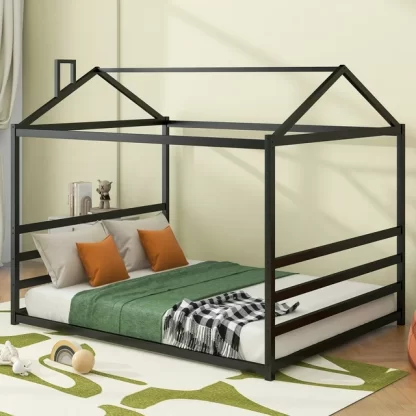 Kumix House Floor Bed with a Roof Style, without Slats, Queen Size Metal Platform Bed Frame for Kids Toddlers Boys/Girls, Queen Floor Bed for Bedroom, No Box Spring Needed, Easy Assembly, Black