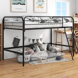 Kumix Metal Loft Bed Twin Size, High Loft Bed with Full Length Guardrail and Inclined Ladder for Kids Teens Adults, Heavy Duty Loft Bed Frame for Bedroom, Spacious Under Bed Space, Black
