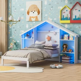 Kumix Platform Bed with House-shaped Storage Headboard and Built-in LED, Wood Twin Size House Bed with Slats Support for Bedroom, Dorm, No Box Spring Needed, Easy Assembly, Noise-Free, White