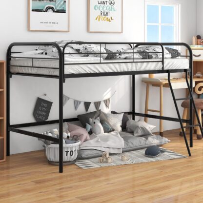 Kumix Metal Loft Bed Twin Size, High Loft Bed with Full Length Guardrail and Inclined Ladder for Kids Teens Adults, Heavy Duty Loft Bed Frame for Bedroom, Spacious Under Bed Space, Black