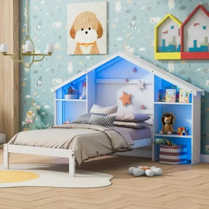 Kumix Platform Bed with House-shaped Storage Headboard and Built-in LED, Wood Twin Size House Bed with Slats Support for Bedroom, Dorm, No Box Spring Needed, Easy Assembly, Noise-Free, White