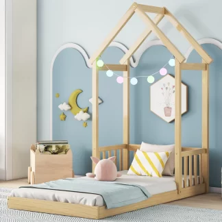 Kumix Toddler Floor Bed with House-shaped Roof Headboard, Semi-fence, without Slat, Twin Floor Bed for Toddlers 1-3, Wood Floor Bed Frame for Bedroom, No Weight Capacity Limit, Easy Assembly, Natural