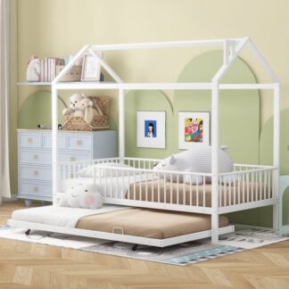 Kumix House Bed with Trundle, Twin Size Metal House Bed and Fence Guardrail for Kids Teens Adults, Heavy Duty House Beds for Bedroom, Dorm, No Box Spring Needed, Noise-Free, Easy Assembly, White