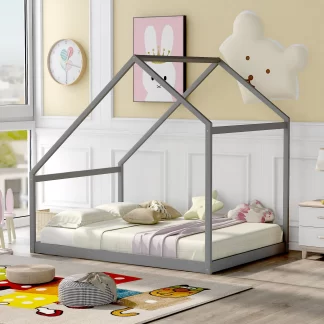 Kumix House Floor Bed with Roof Frame, without Slats, Wooden Full Size Floor Bed for Kids Boys & Girls 1-3 Aged, Toddler Floor Bed for Bedroom, Heavy Duty Full Floor Bed, Noise-Free, Gray