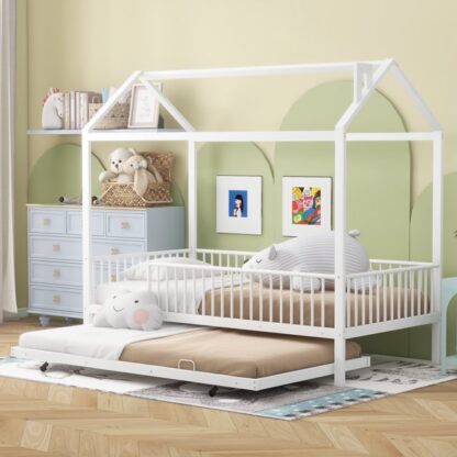 Kumix House Bed with Trundle, Twin Size Metal House Bed and Fence Guardrail for Kids Teens Adults, Heavy Duty House Beds for Bedroom, Dorm, No Box Spring Needed, Noise-Free, Easy Assembly, White
