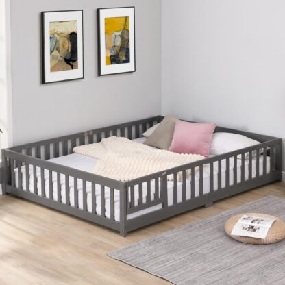 Kumix Floor Bed Queen Size with Door and Fence, Solid Wooden Platform Bed Frame with Wood Slats Support, Suitable for Kids Boys/Girls, Noise-Free, No Box Spring Needed, Easy Assembly, Gray