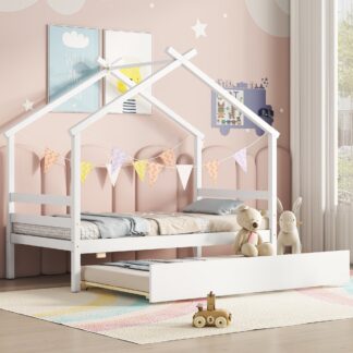 Kumix House-shaped Floor Bed with Trundle, Roof Frame, Slats Support, Wooden Twin Floor Bed for Kids Teens Boys/Girls, House Bed Frame for Bedroom, Twin Beds for 2, No Box Spring Needed, White