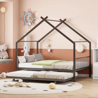 Kumix House Bed with Trundle, Full Size Metal House Bed with a Roof Frame and Headboard, Footboard for Kids Teens Guests, with Twin Size Trundle,House Bed for 2, Noise-Free, Easy Assembly, Black