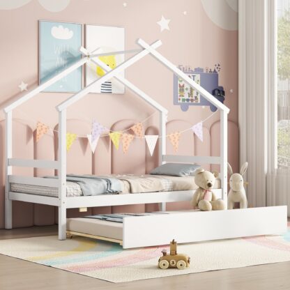 Kumix House-shaped Floor Bed with Trundle, Roof Frame, Slats Support, Wooden Twin Floor Bed for Kids Teens Boys/Girls, House Bed Frame for Bedroom, Twin Beds for 2, No Box Spring Needed, White
