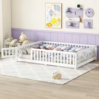 Kumix Floor Bed Full Size, Toddler Bed for Kids Aged 1-3 with Fence and Door, Solid Wood Bed Frame for Bedroom, Apartment, No Box Spring Needed, Noise Free, White