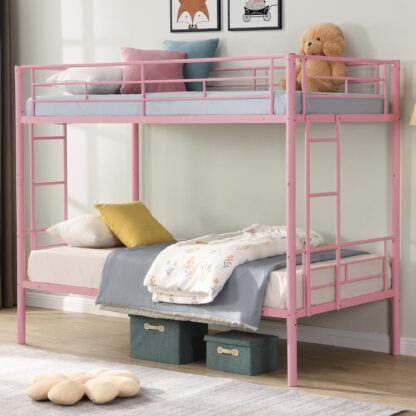 Kumix Bunk Bed Twin over Twin, Metal Bunk Bed with Full-Length Guardrail and Build-in Ladder for Kids Teens Adults, Heavy Duty Bunk Bed Frame for Bedroom, Dorm, Guests' Room, Easy Assembly, Pink