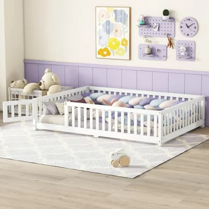 Kumix Floor Bed Full Size, Toddler Bed for Kids Aged 1-3 with Fence and Door, Solid Wood Bed Frame for Bedroom, Apartment, No Box Spring Needed, Noise Free, White