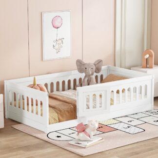 Kumix Floor Bed with Heightened Safety Guardrails and Door, Solid Wood Twin Size Floor Bed with Fence for Girls, Boys, Noise-Free Toddler Floor Bed for Child Bedroom, Slats Included, White
