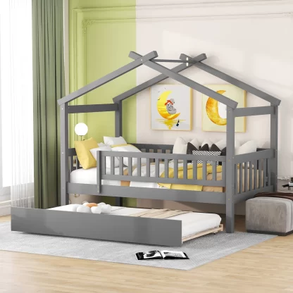 Kumix House Platform Bed with Twin Size Trundle, Twin Size Wooden House Bed with Roof Frame and Fence Guardrail for Kids Teens Adults, Noise-Free Platform Bed for 2, Easy Assembly, Gray