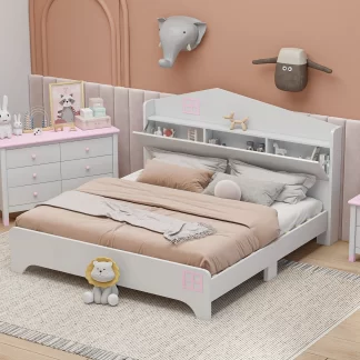 Kumix House Floor Bed with Storage Headboard Storage Shelf, Wooden Full Size Kids Floor Bed with Slats Support for Young Teens, Boys and Girls, No Box Spring Needed, Noise-Free, White