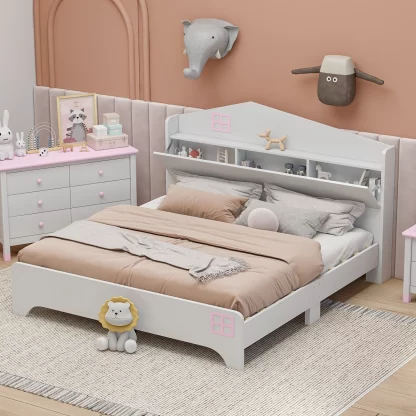 Kumix House Floor Bed with Storage Headboard Storage Shelf, Wooden Full Size Kids Floor Bed with Slats Support for Young Teens, Boys and Girls, No Box Spring Needed, Noise-Free, White