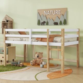 Kumix Loft Bed Twin Size, Wooden Loft Bed with Ample Underbed Space Storage, Build-in Ladder and Full-Length Guardrail for Kids Teens Adults, Loft Bed Platform of Strengthened Slats, Natural