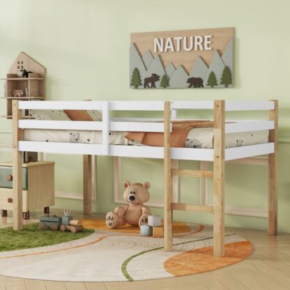Kumix Loft Bed Twin Size, Wooden Loft Bed with Ample Underbed Space Storage, Build-in Ladder and Full-Length Guardrail for Kids Teens Adults, Loft Bed Platform of Strengthened Slats, Natural