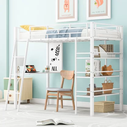 Kumix Loft Bed with Desk and Whiteboard, Metal Loft Bed Twin Size with Shelves, Safety Guardrail and Ladder for Kids Teens Adults, Twin Loft Bed Frame for Bedroom, Space-Saving, Noise-Free, White