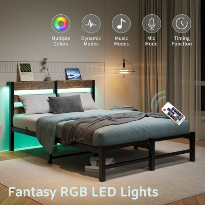 Kumix Platform Bed with USB Charging Station, LED, Metal Full Size Platform with Headboard and Storage Shelf for Kids Teens Adults, Full Platform Bed Frame, Strong Steel Slats, Noise Free, Brown
