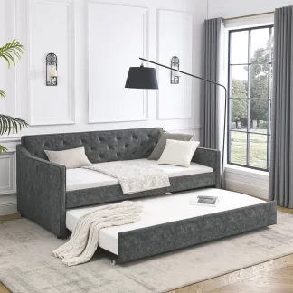 Kumix Twin Size Daybed with Trundle, Upholstered Tufted Sofa Bed with Waved Shape Arms for Kids Teens Adults Guest, Upholstered Tufted Daybed Frame for Bedroom, Noise-Free, Easy Assembly, Grey