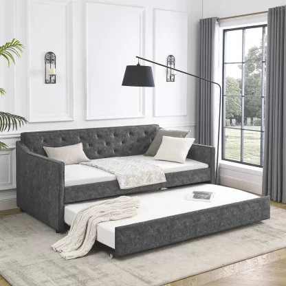 Kumix Twin Size Daybed with Trundle, Upholstered Tufted Sofa Bed with Waved Shape Arms for Kids Teens Adults Guest, Upholstered Tufted Daybed Frame for Bedroom, Noise-Free, Easy Assembly, Grey
