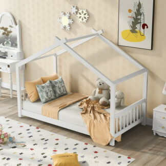 Kumix Floor Bed Twin Size, Wooden House Floor Bed with Roof Design, Headboard and Footboard, Slats Support for Kids Young Teens, Heavy Duty Floor Bed Frame for Bedroom, Easy Assembly, White