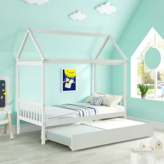 Kumix Platform Bed with Trundle, Wooden House Platform Bed Twin Size with Roof Frame and Slats Supports for Kids Teens Guests, Heavy Duty Platform Beds for Bedroom, Dorm, Noise-Free, White