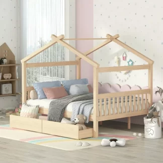 Kumix Platform Bed with Drawers, Wooden House Platform Bed Full Size with Roof Frame, Headboard and Footboard for Kids Teens Adults, Heavy Duty Platform Bed for Bedroom, Noise-Free, Natural