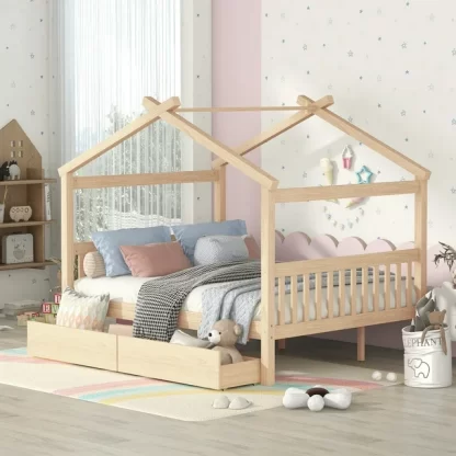 Kumix Platform Bed with Drawers, Wooden House Platform Bed Full Size with Roof Frame, Headboard and Footboard for Kids Teens Adults, Heavy Duty Platform Bed for Bedroom, Noise-Free, Natural