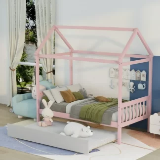 Kumix Platform Bed with Trundle, Wooden House Platform Bed Twin Size with Roof Frame and Slats Supports for Kids Teens Guests, Heavy Duty Platform Beds for Bedroom, Dorm, Noise-Free, Pink