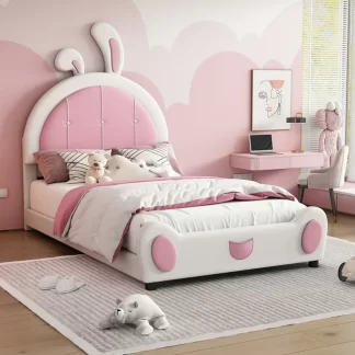Kumix Upholstered Platform Bed with Rabbit Shaped Headboard, PU Upholstered Twin Size Platform Bed Frame for Kids Teens, Boys Girls, Twin Cute Kids Beds for Bedroom, No Box Spring Needed, White
