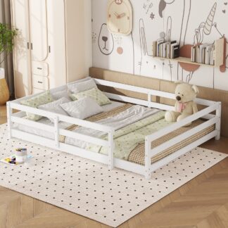 Kumix Floor Bed Full Size, Montessori Floor Bed with Fence Guardrail, No Slats Support, Wooden Montessori Floor Bed for Kids, Girls, Boys, Toddler Floor Bed Frame for Bedroom, Noise-Free, White