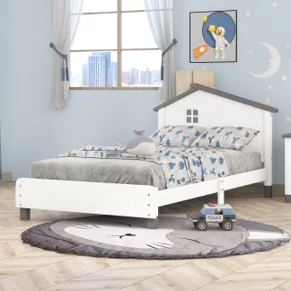 Kumix Platform Bed with House-shaped Headboard, Wood Platform Bed Twin Size with 10 Slats Support for Kids Teens Adults, Noise-Free Platform Bed Frame for Bedroom, Dorm, Easy Assembly, White+Gray