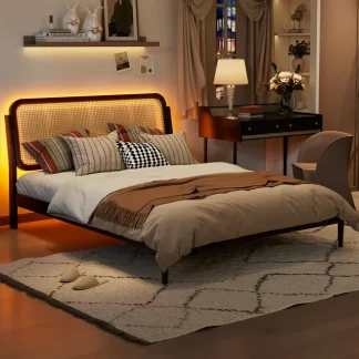 Kumix Platform Bed with LED Light, Queen Size Platform Bed with Rattan Headboard, Under Bed Storage for Kids Teens Adults, Wood Platform Bed Frame for Bedroom, Noise-Free, Easy Assembly, Espresso
