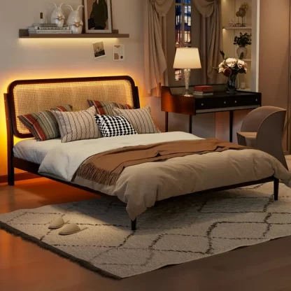 Kumix Platform Bed with LED Light, Queen Size Platform Bed with Rattan Headboard, Under Bed Storage for Kids Teens Adults, Wood Platform Bed Frame for Bedroom, Noise-Free, Easy Assembly, Espresso