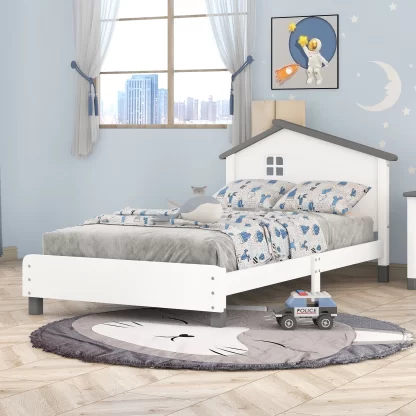 Kumix Platform Bed with House-shaped Headboard, Wood Platform Bed Twin Size with 10 Slats Support for Kids Teens Adults, Noise-Free Platform Bed Frame for Bedroom, Dorm, Easy Assembly, White+Gray