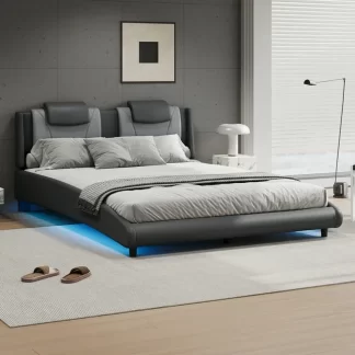 Kumix Full Size Platform Bed with LED Light and Adjustable Headboard, Modern Style Faux Leather Upholstered Platform Bed for Kids Teens Adults, Full Platform Bed Frame for Bedroom, Grey