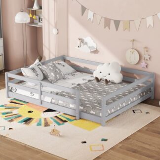 Kumix Floor Bed Full Size, Montessori Floor Bed with Fence Guardrail, No Slats Support, Wooden Montessori Floor Bed for Kids, Girls, Boys, Toddler Floor Bed Frame for Bedroom, Noise-Free, Gray