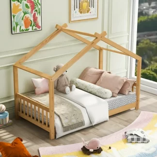Kumix Floor Bed Twin Size, Wooden House Floor Bed with Roof Design Headboard and Footboard, Slats Support for Kids Young Teens, Heavy Duty Floor Bed Frame for Bedroom, Easy Assembly, Natural