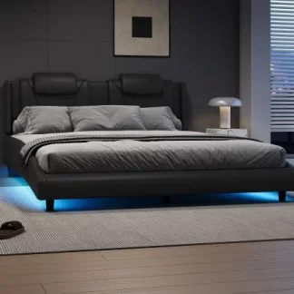 Kumix Queen Size Platform Bed with LED Light and Adjustable Headboard, Modern Style Faux Leather Upholstered Platform Bed for Kids Teens Adults, Queen Platform Bed Frame for Bedroom, Black