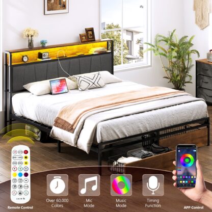 Kumix Queen Size Platform Bed with Storage Drawers, USB Ports, LED Lights, Upholstered Platform Bed with Upholstered Wingback Headboard for Kids Teens Adults, Queen Platform Bed Frame, Rustic Brown