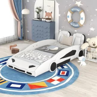 Kumix Twin Size Floor Bed, Race Car-Shaped Platform Bed with Wheels and Safety Rails for Kids Toddlers Young Teens, Wooden Floor Bed Frame for Bedroom, Toddler Foor Bed, Easy Assembly, White