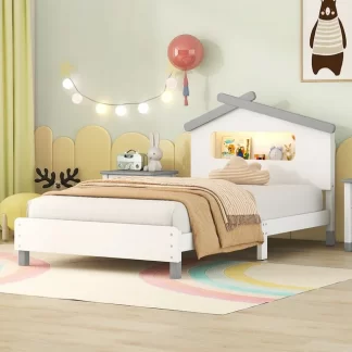 Kumix Platform Bed with House-shaped Headboard and Motion Activated Night Lights, Wood Twin Size Platform Bed with Low Design for Kids Teens Adults, No Box Spring Needed, Noise-Free, White+Gray