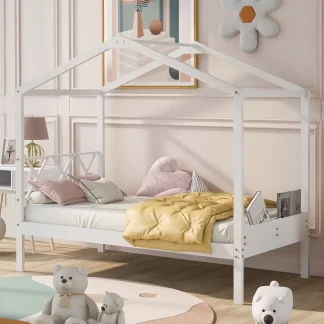 Kumix Platform Bed with Storage Footboard, Wooden House Platform Bed Twin Size with Roof Frame, 7 Slats Design for Kids Teens Adults, No Box Spring Needed, Easy Assembly, White