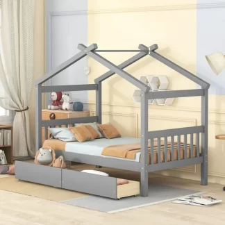 Kumix Platform Bed with Drawers, Wooden House Platform Bed Twin Size with Roof Frame, Headboard and Footboard for Kids Teens Adults, Heavy Duty Platform Bed for Bedroom, Noise-Free, Gray