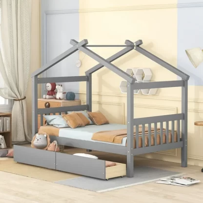 Kumix Platform Bed with Drawers, Wooden House Platform Bed Twin Size with Roof Frame, Headboard and Footboard for Kids Teens Adults, Heavy Duty Platform Bed for Bedroom, Noise-Free, Gray