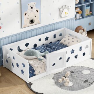 Kumix Floor Bed Twin Size, Wood Floor Bed with Heightened Safety Guardrails and Door for Kids Teens, Boys and Girls, Heavy Duty Floor Bed for Child Bedroom, Kids Playroom, Noise-Free, White