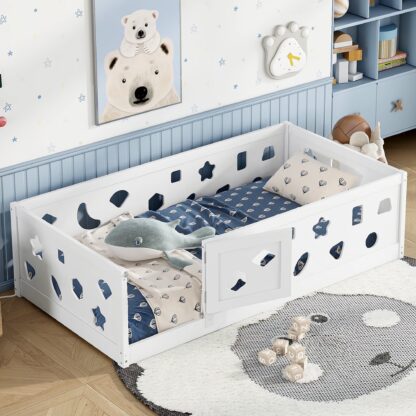 Kumix Floor Bed Twin Size, Wood Floor Bed with Heightened Safety Guardrails and Door for Kids Teens, Boys and Girls, Heavy Duty Floor Bed for Child Bedroom, Kids Playroom, Noise-Free, White
