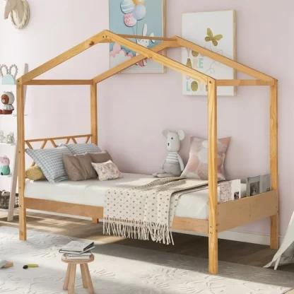 Kumix Platform Bed with Storage Footboard, Wooden House Platform Bed Twin Size with Roof Frame, 7 Slats Design for Kids Teens Adults, No Box Spring Needed, Easy Assembly, Natural